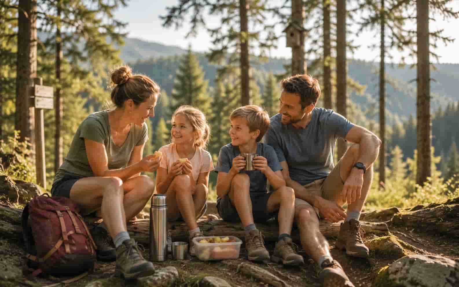 Familie macht Pause auf einer Lichtung im Schwarzwald