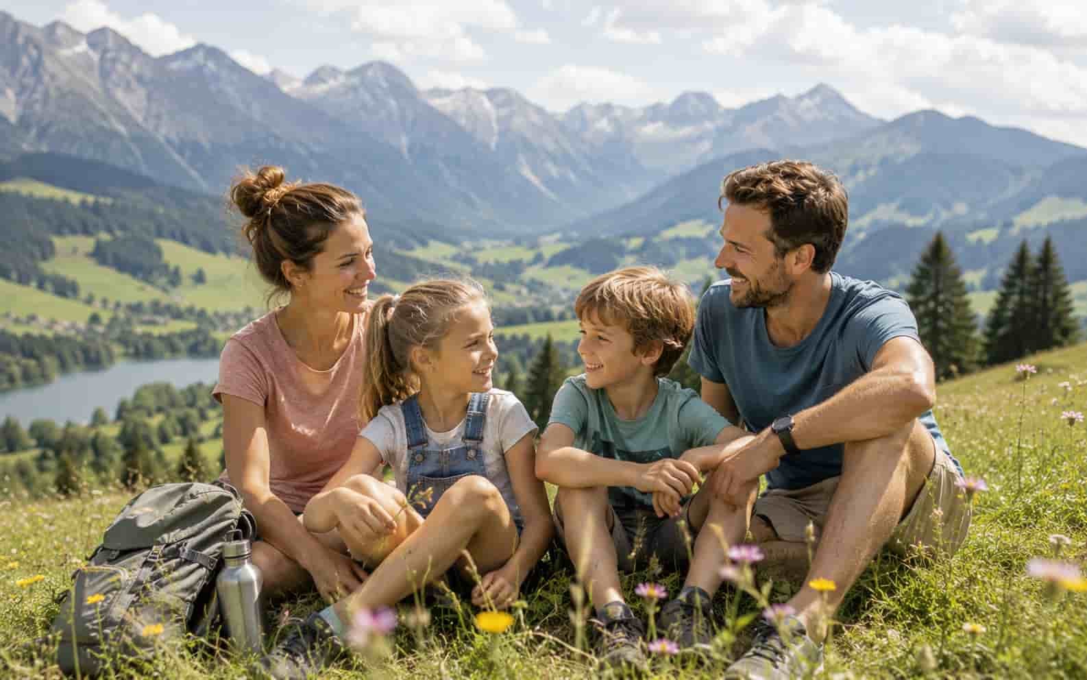 Familie auf einer Wiese im Allgäu mit Alpenblick