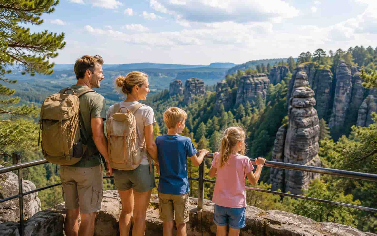 Familie an einem sicheren Aussichtspunkt mit markanter Fels- und Waldkulisse
