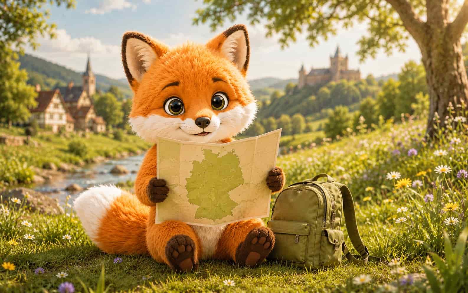 Ferifuchs mit Deutschlandkarte auf einer Wiese