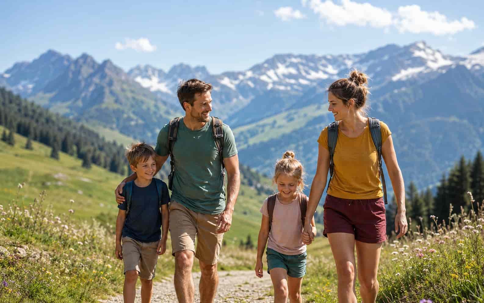 Familie auf einem leichten Wanderweg vor Bergpanorama