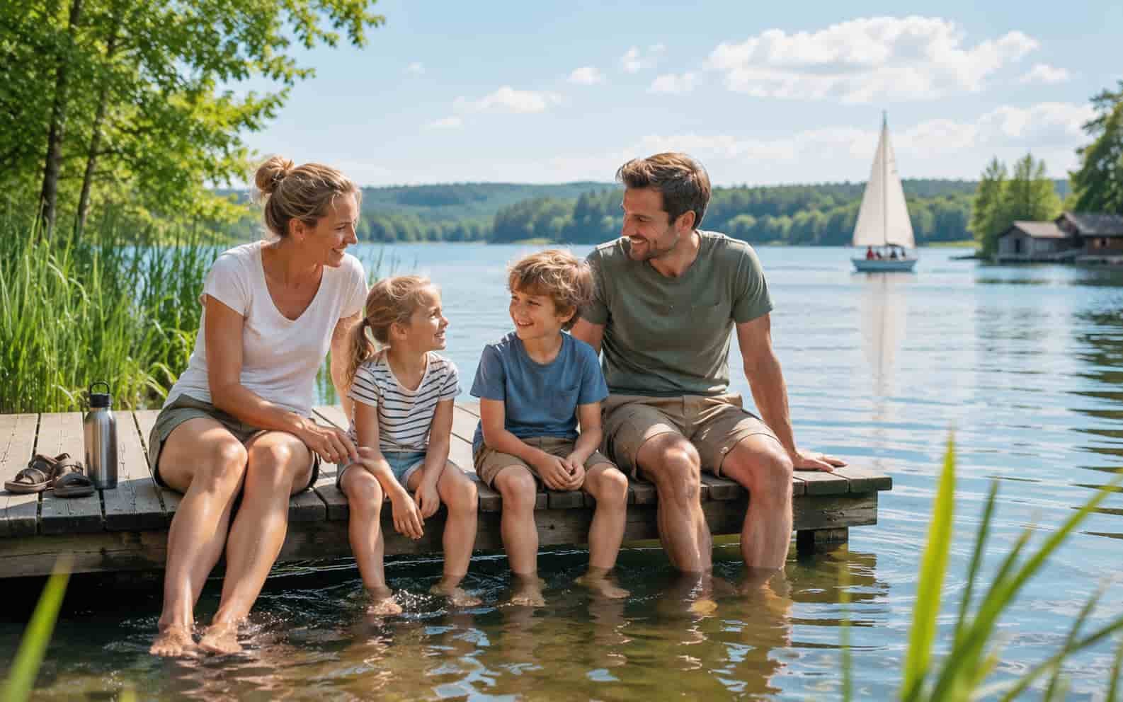 Familie sitzt an einem See in ruhiger Seenlandschaft