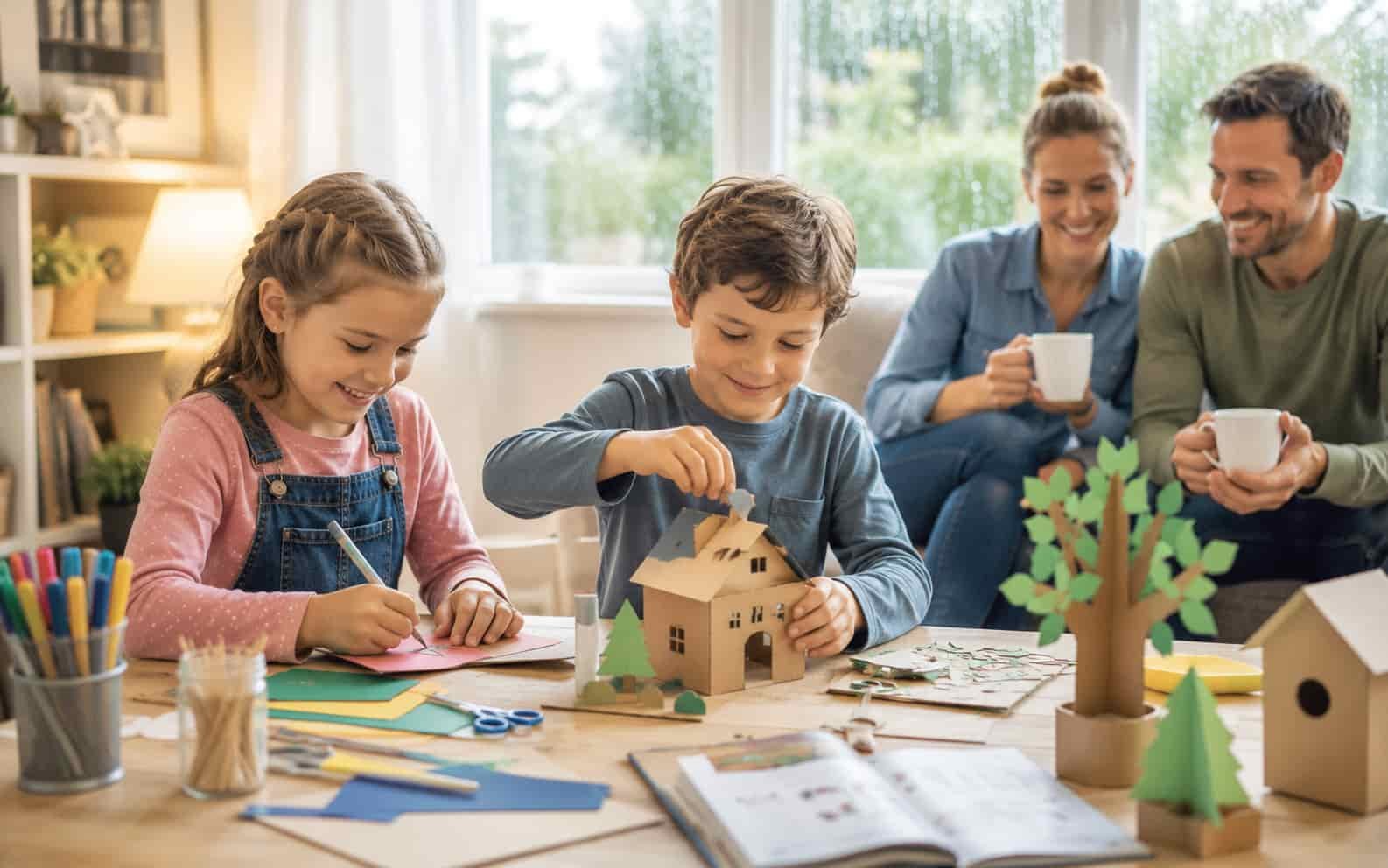 Kinder basteln und bauen an einem Regentag drinnen
