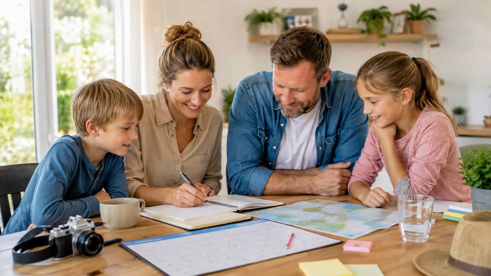 Familie plant Ferien und Reisewege an einem hellen Tisch