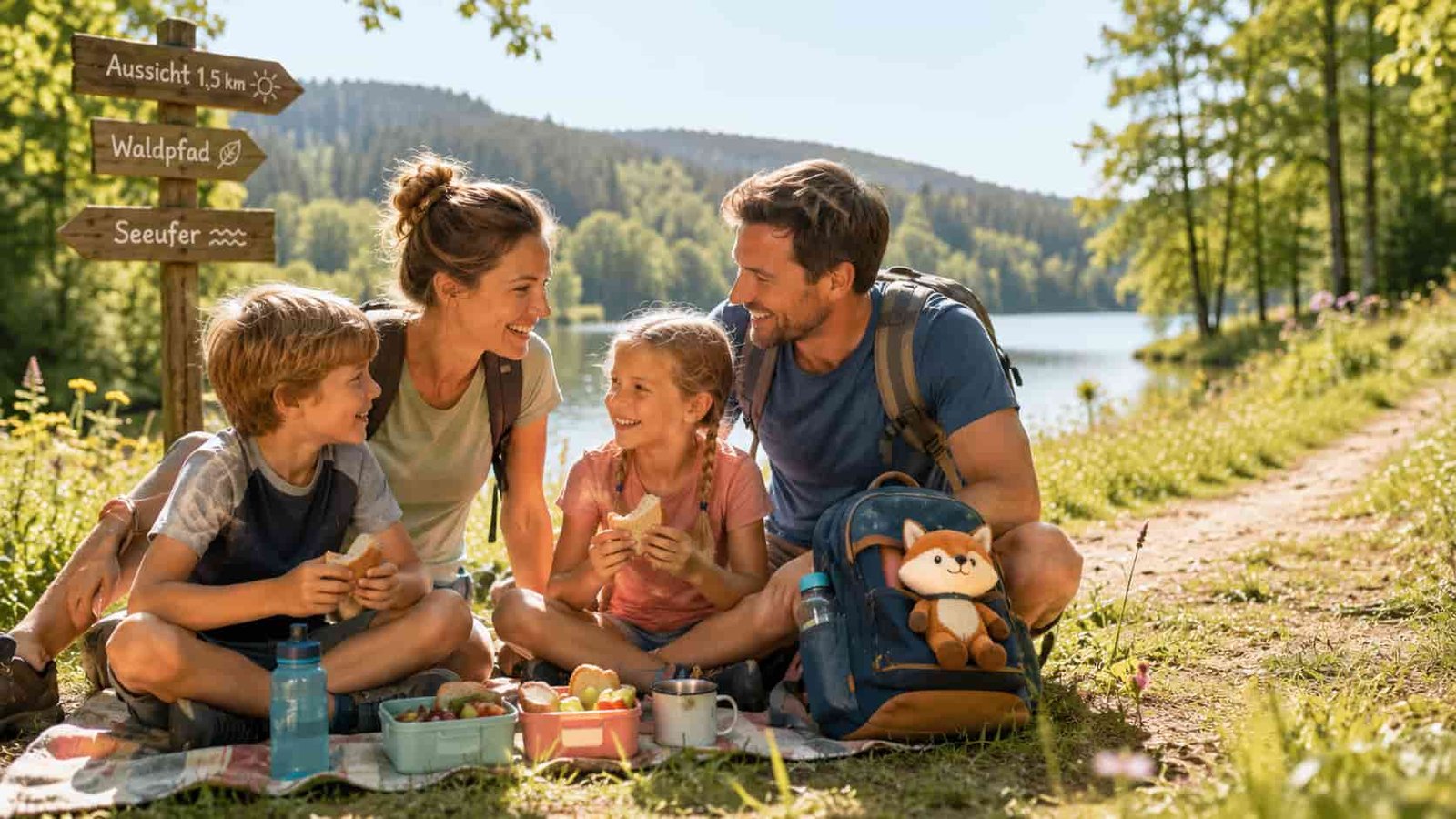 Familie macht günstige Ausflüge mit Kindern mit Rucksack und Brotdose