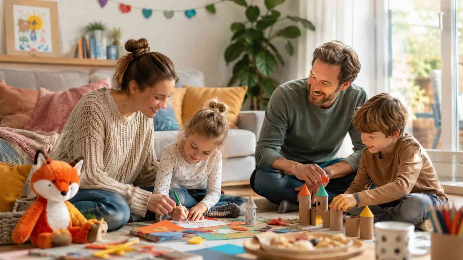 Familie gestaltet Ferien zuhause mit Kindern als Alternative zum Familienurlaub