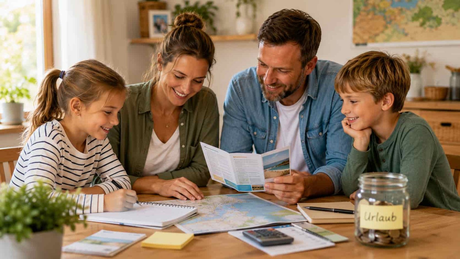 Familie plant Zuschüsse für Familienurlaub mit Unterlagen und Notizen