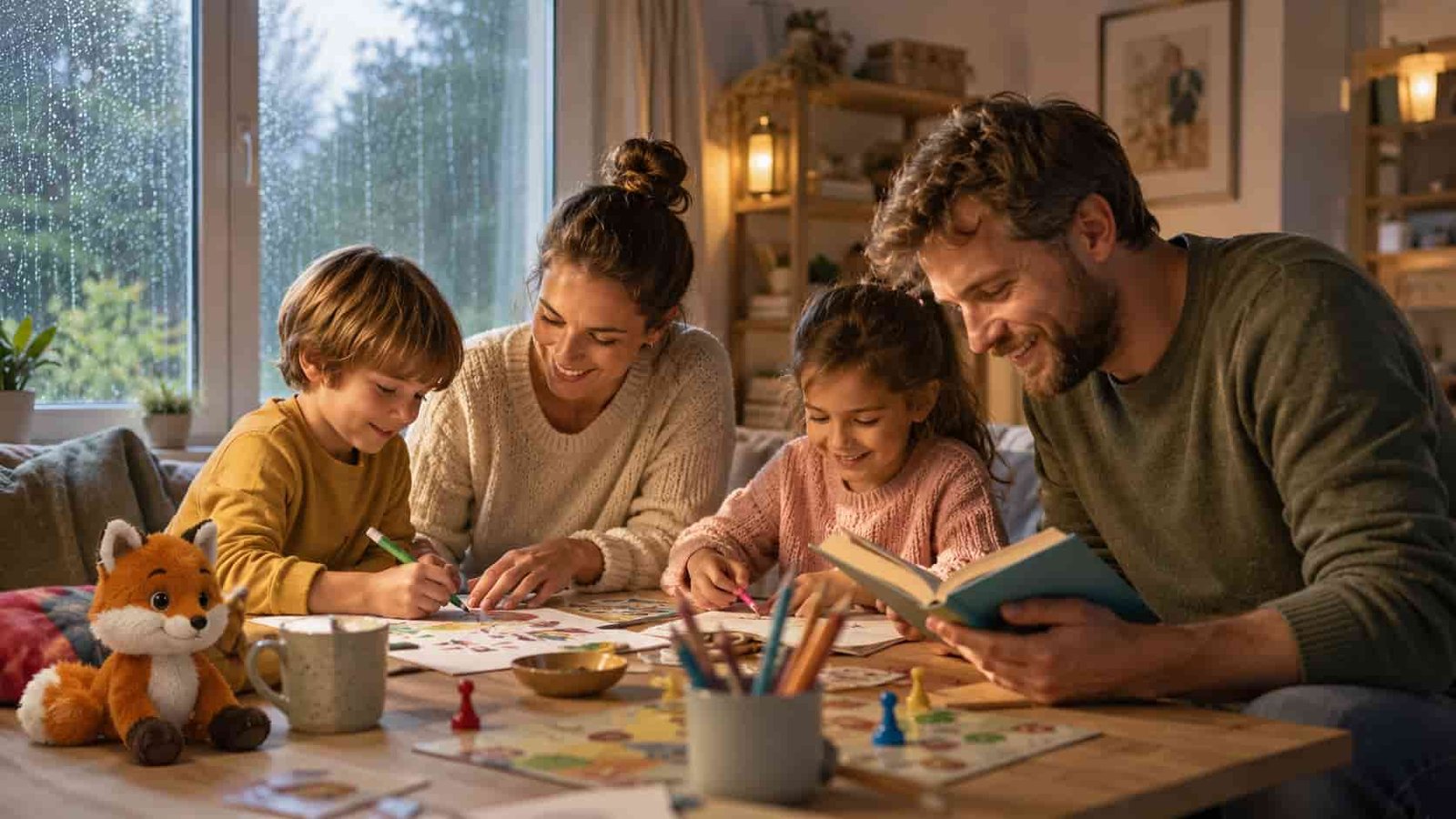 Familie bastelt und spielt an einem Regentag zuhause