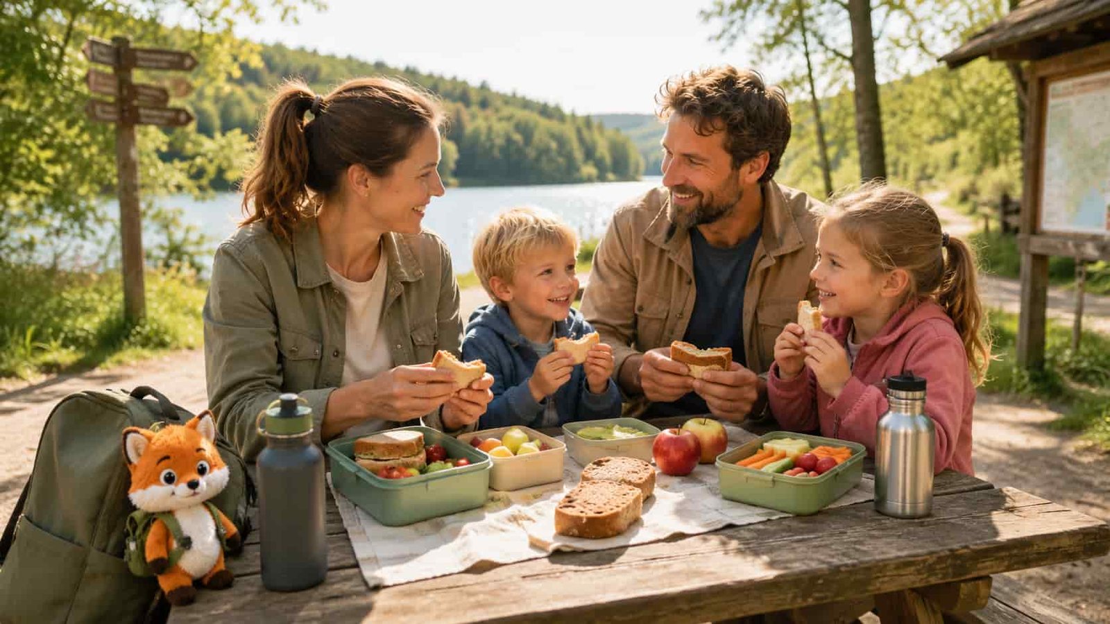 Brotdose Obst und Trinkflaschen für günstige Ausflüge mit Kindern
