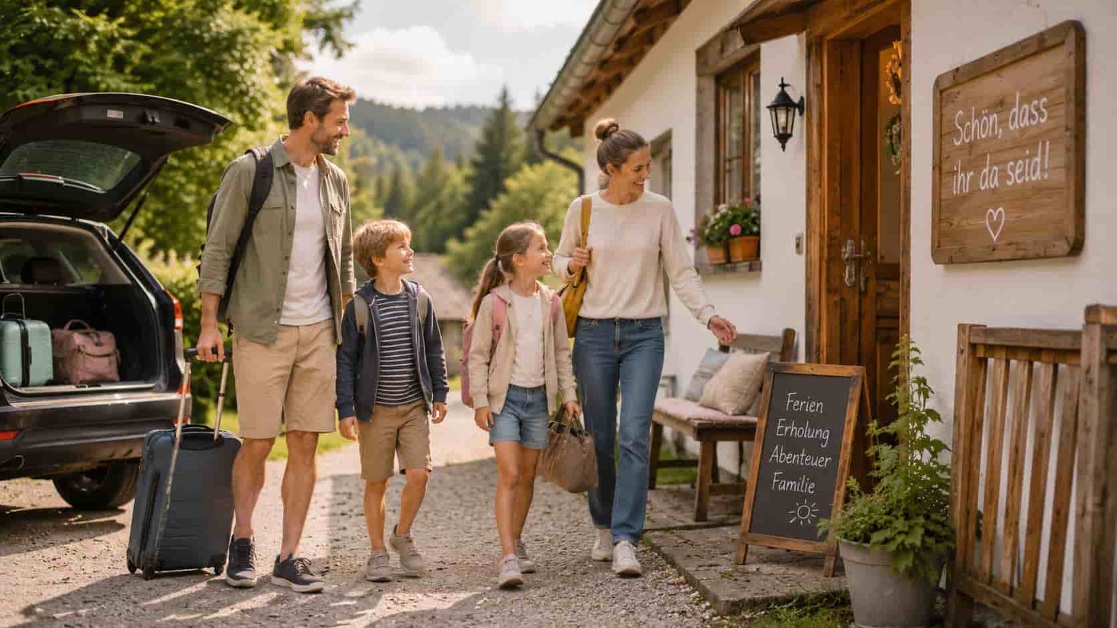 Familie kommt an einer einfachen Unterkunft für günstigen Familienurlaub an