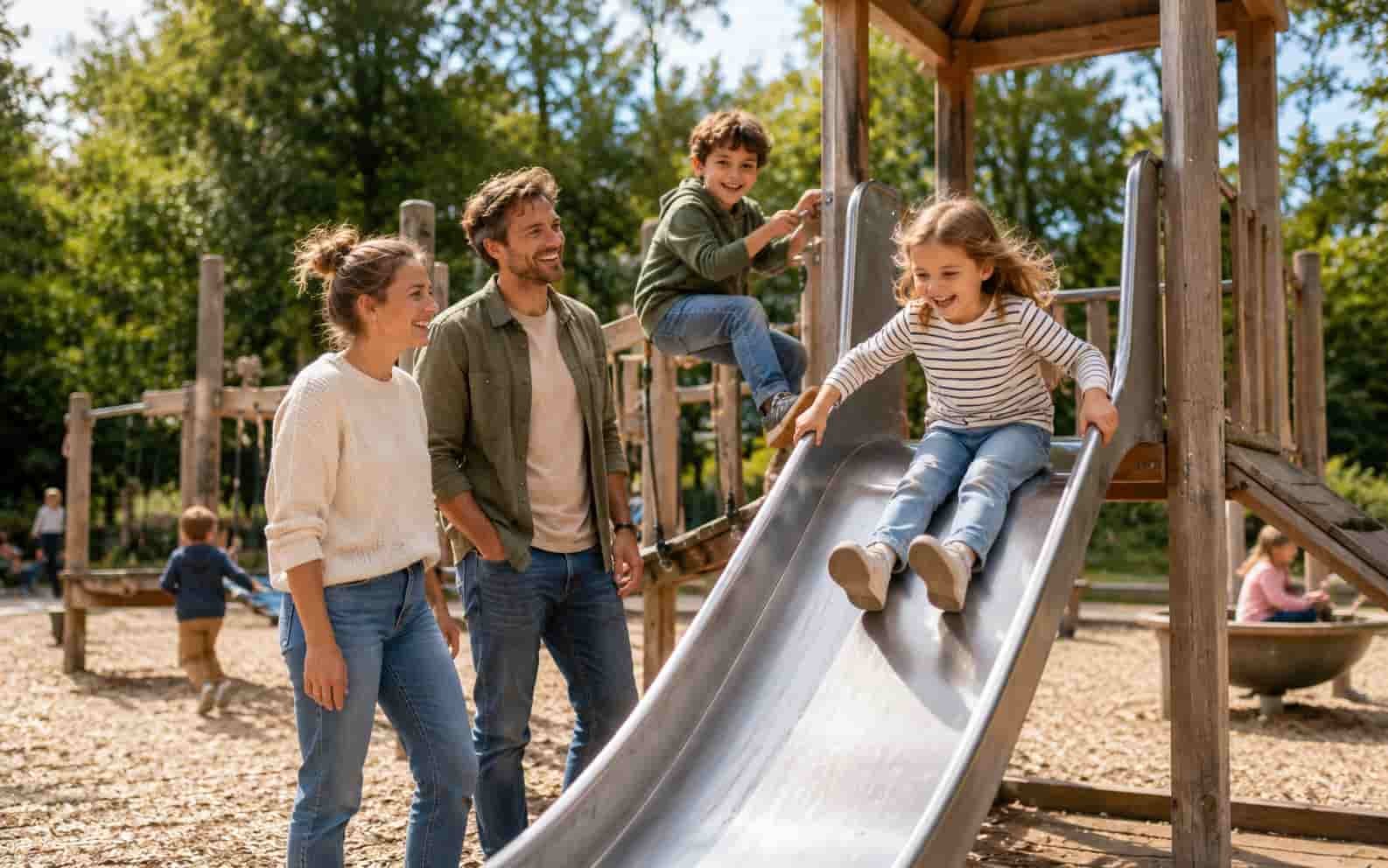 Kinder spielen auf einem öffentlichen Spielplatz als kostenlose Ferienidee