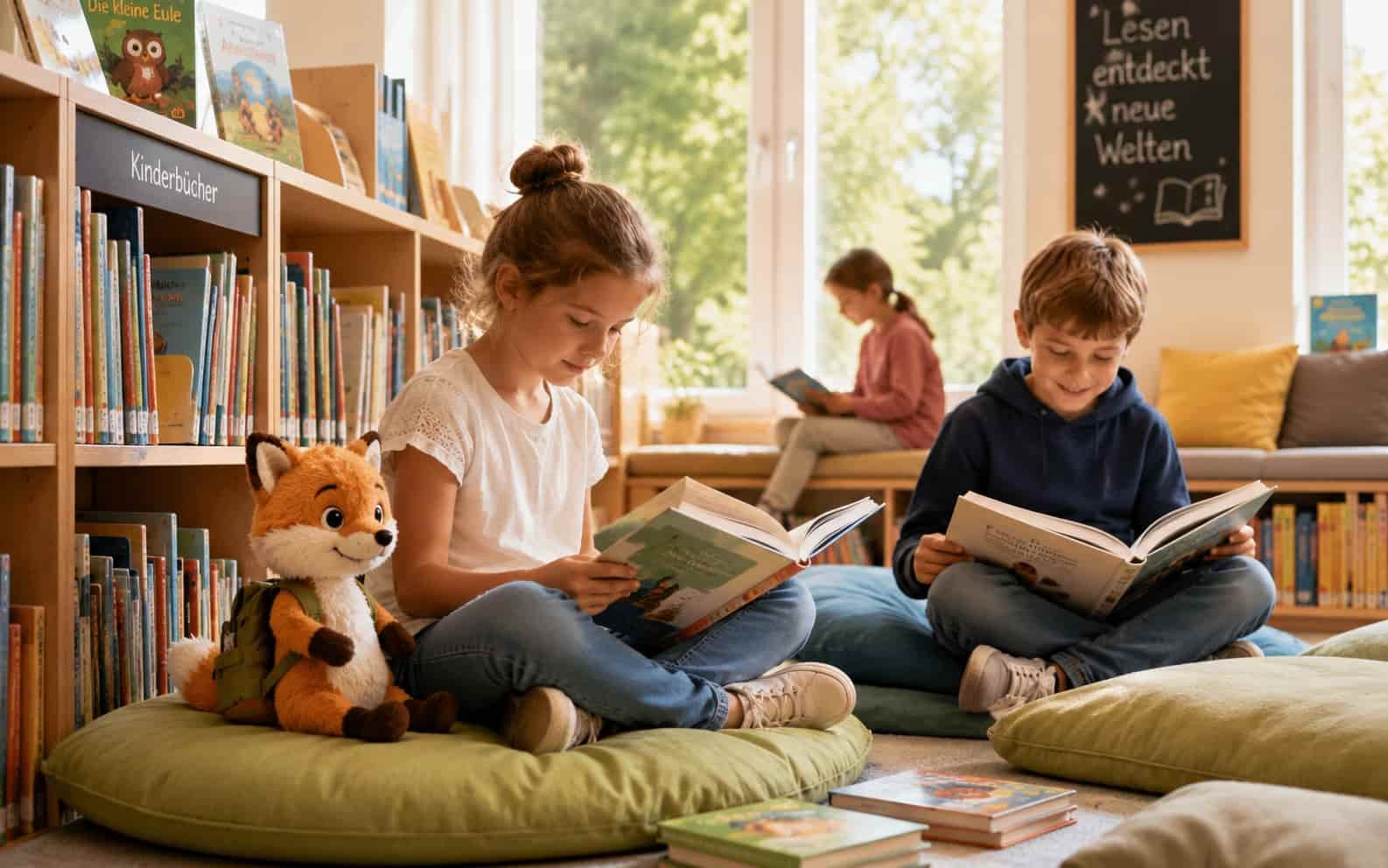 Kinder lesen in der Bibliothek als Osterferien-Ausflug