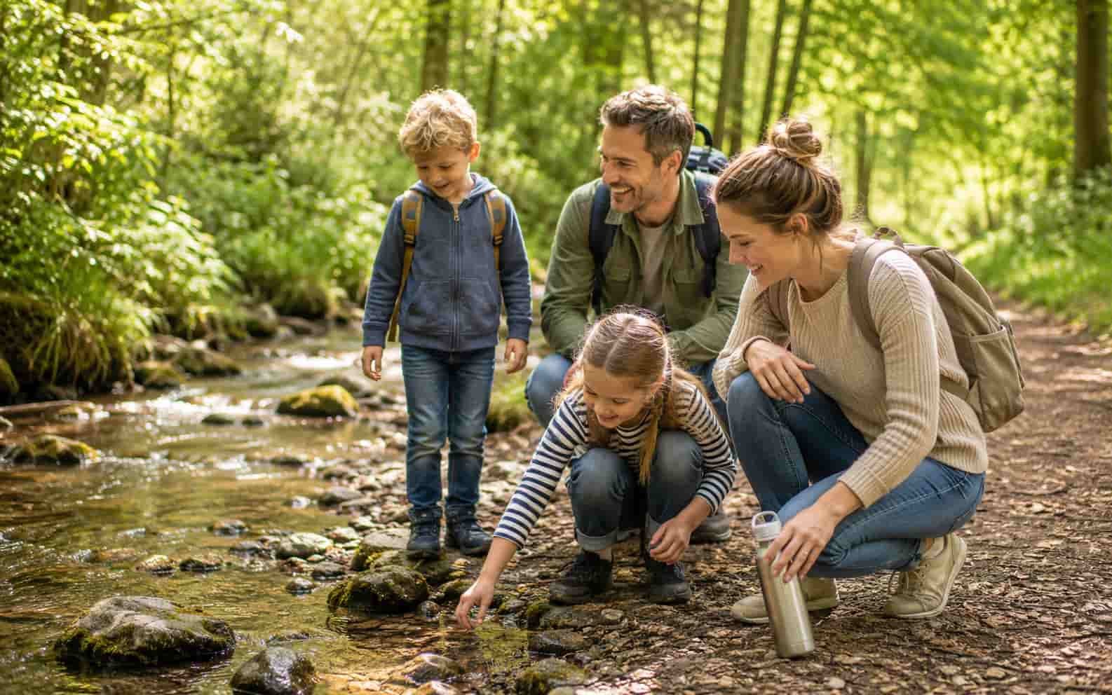 Familie macht einen günstigen Naturausflug in den Osterferien