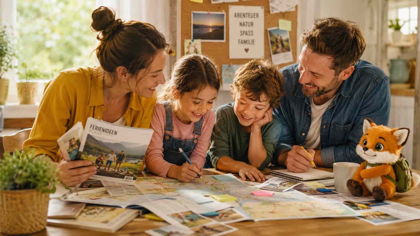 Familie sammelt kreative Ferienideen in freundlicher Ratgeberatmosphäre