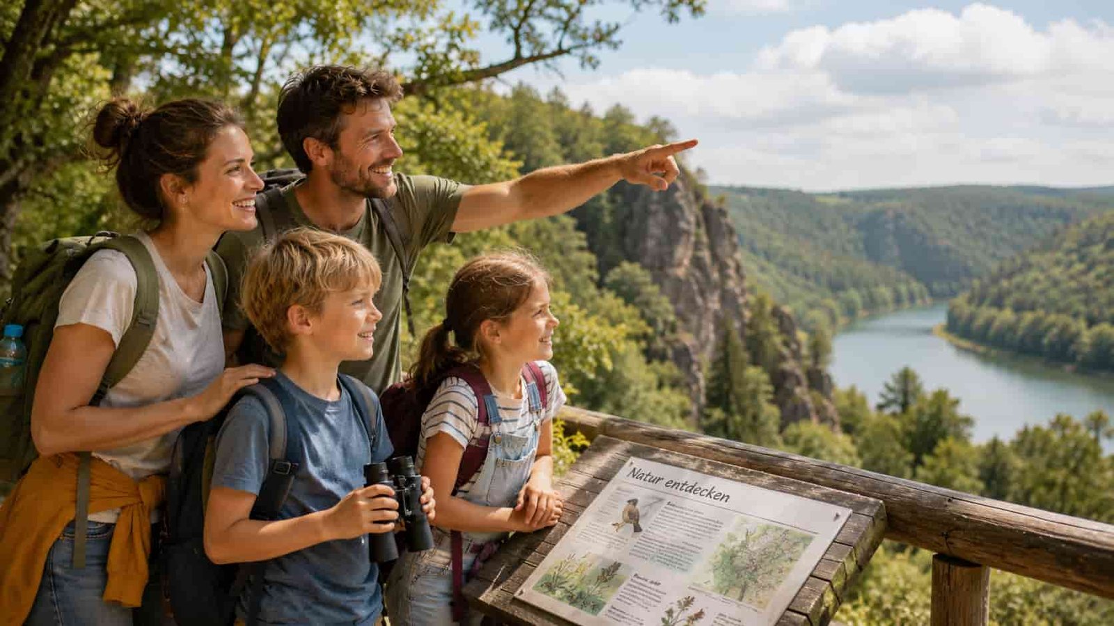 Familie bei einem spannenden Tagesausflug mit Natur und Entdecken