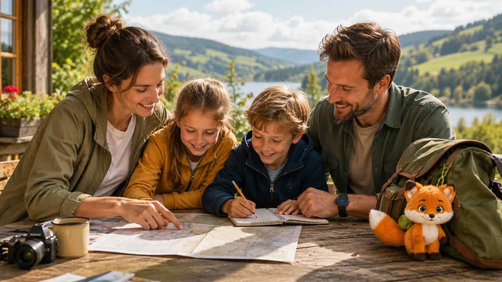 Familie plant gemeinsam Ferien mit Karte, Notizbuch und Reiseideen