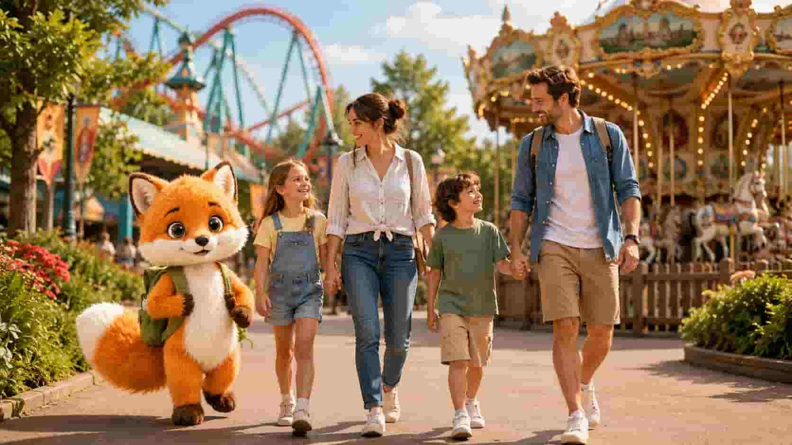 Ferifuchs mit Familie bei einem fröhlichen Freizeitpark-Ausflug