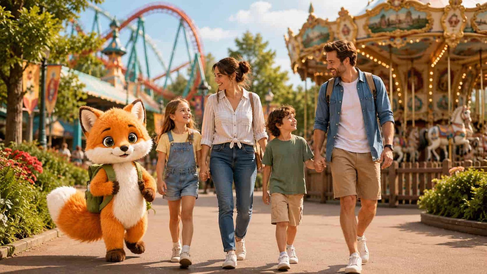 Familie mit Ferifuchs läuft durch einen familienfreundlichen Freizeitpark