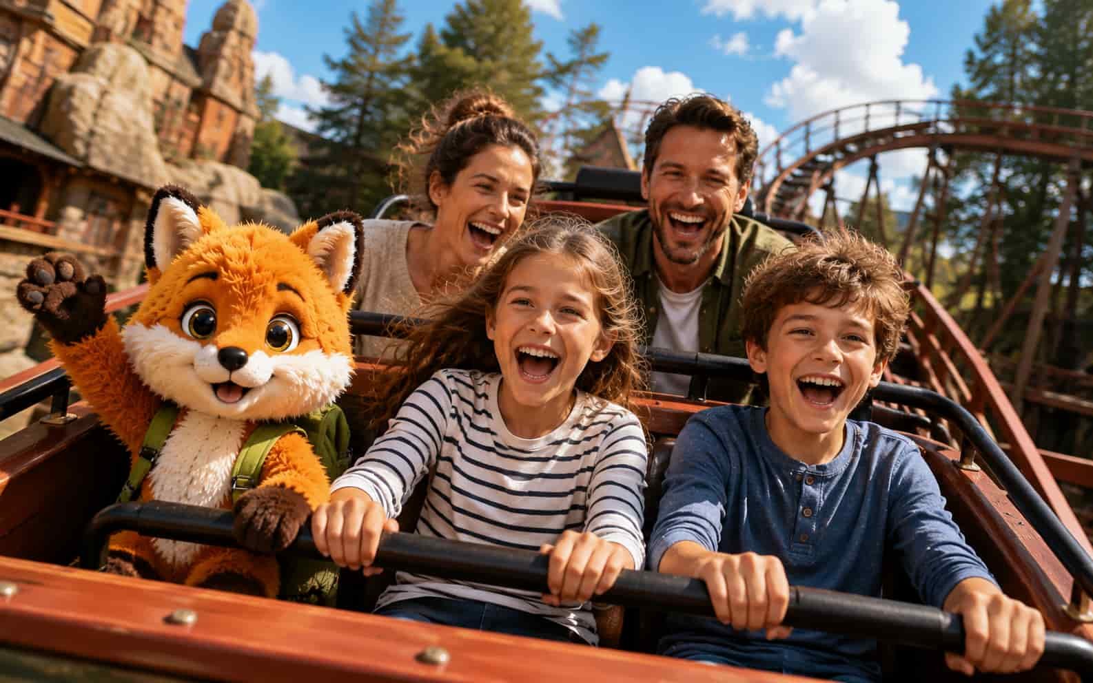 Familie mit Ferifuchs in einer familienfreundlichen Themenbahn als Ersatzbild für das Rodel- und Freizeitparadies St. Englmar