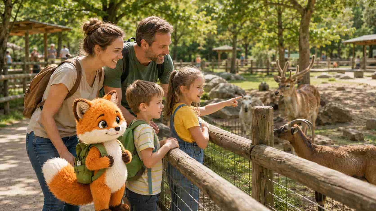 Familie mit Ferifuchs besucht einen Tierpark und beobachtet Tiere