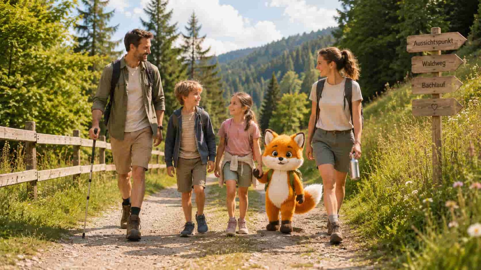 Familie mit Ferifuchs wandert gemeinsam im Grünen