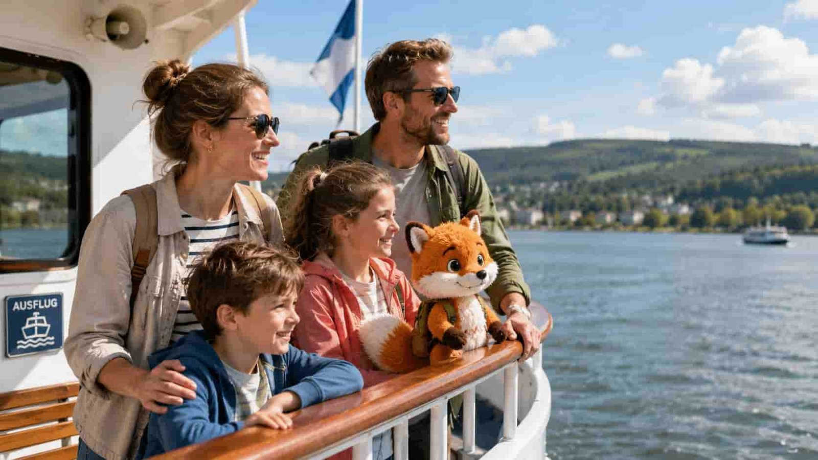Familie mit Ferifuchs auf einem Ausflugsschiff auf See oder Fluss