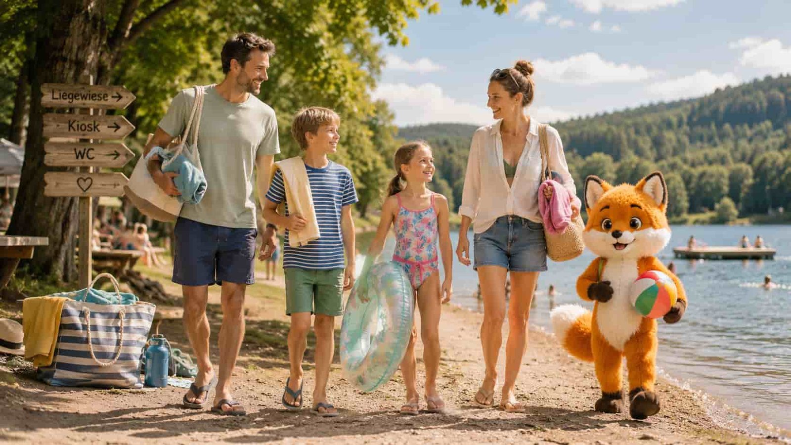 Familie mit Ferifuchs verbringt einen fröhlichen Badetag am Wasser
