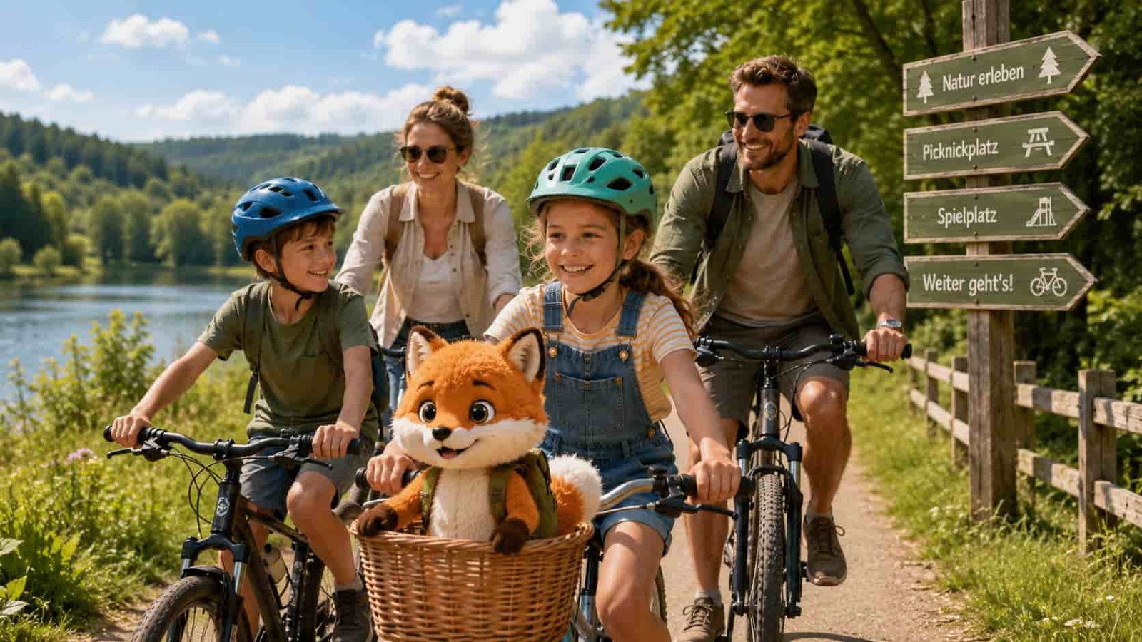 Familie mit Ferifuchs macht eine entspannte Fahrradtour