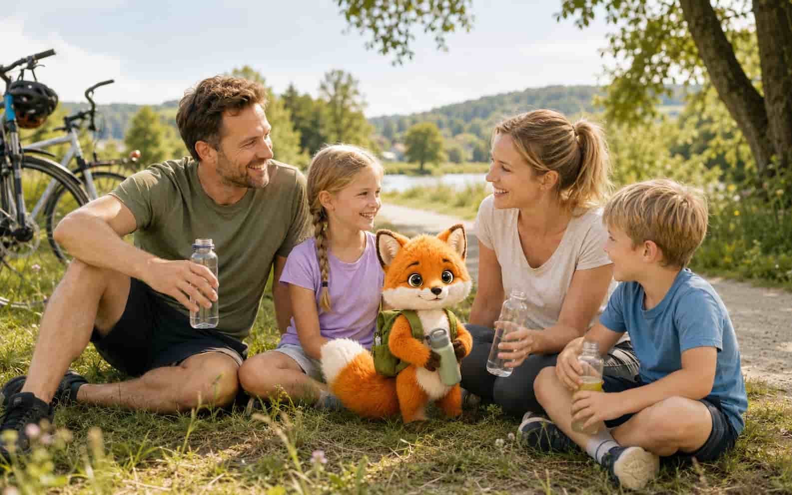 Familie mit Ferifuchs bei einem entspannten Schwarzwald-Ausflug als Ersatzbild für die Cassiopeia Therme Badenweiler
