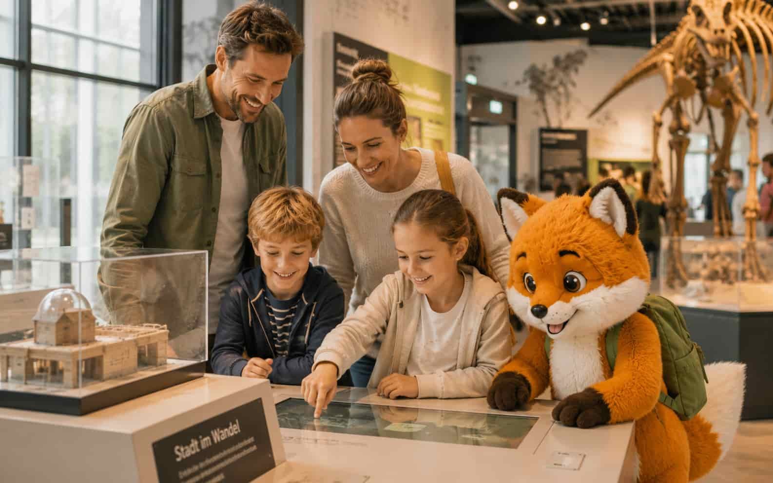 Familie mit Ferifuchs entdeckt ein familienfreundliches Museum