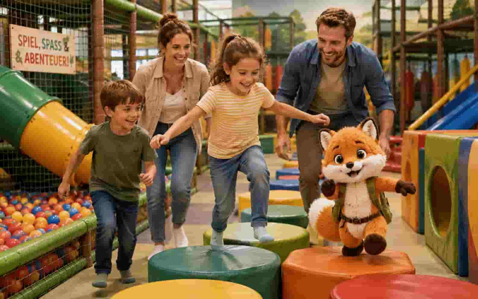 Ferifuchs mit Familie in einem freundlichen Indoorspielplatz