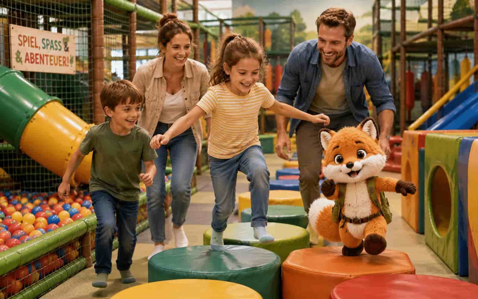 Familie mit Ferifuchs spielt in einem hellen Indoorspielplatz