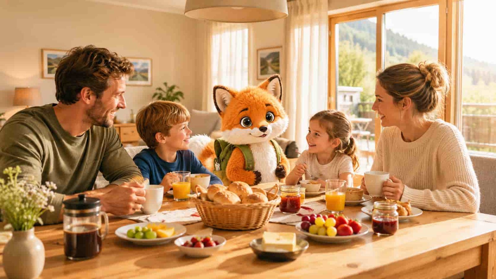 Familie mit Ferifuchs frühstückt in einer Ferienwohnung