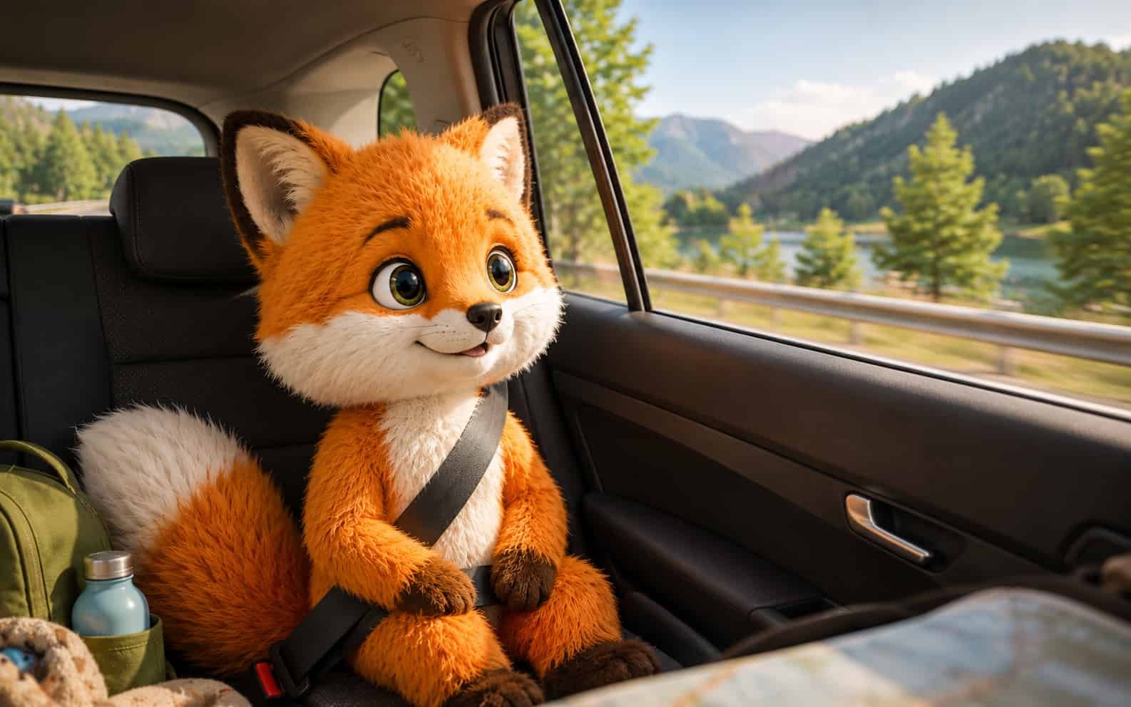 Ferifuchs unterwegs im Auto auf Familienreise