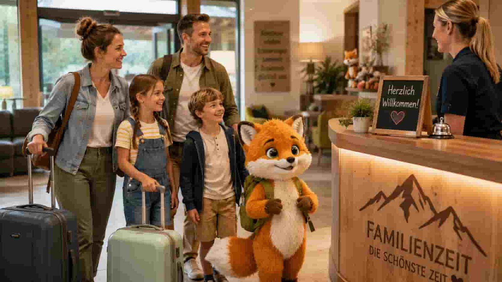 Ferifuchs kommt mit einer Familie in einem Familienhotel an