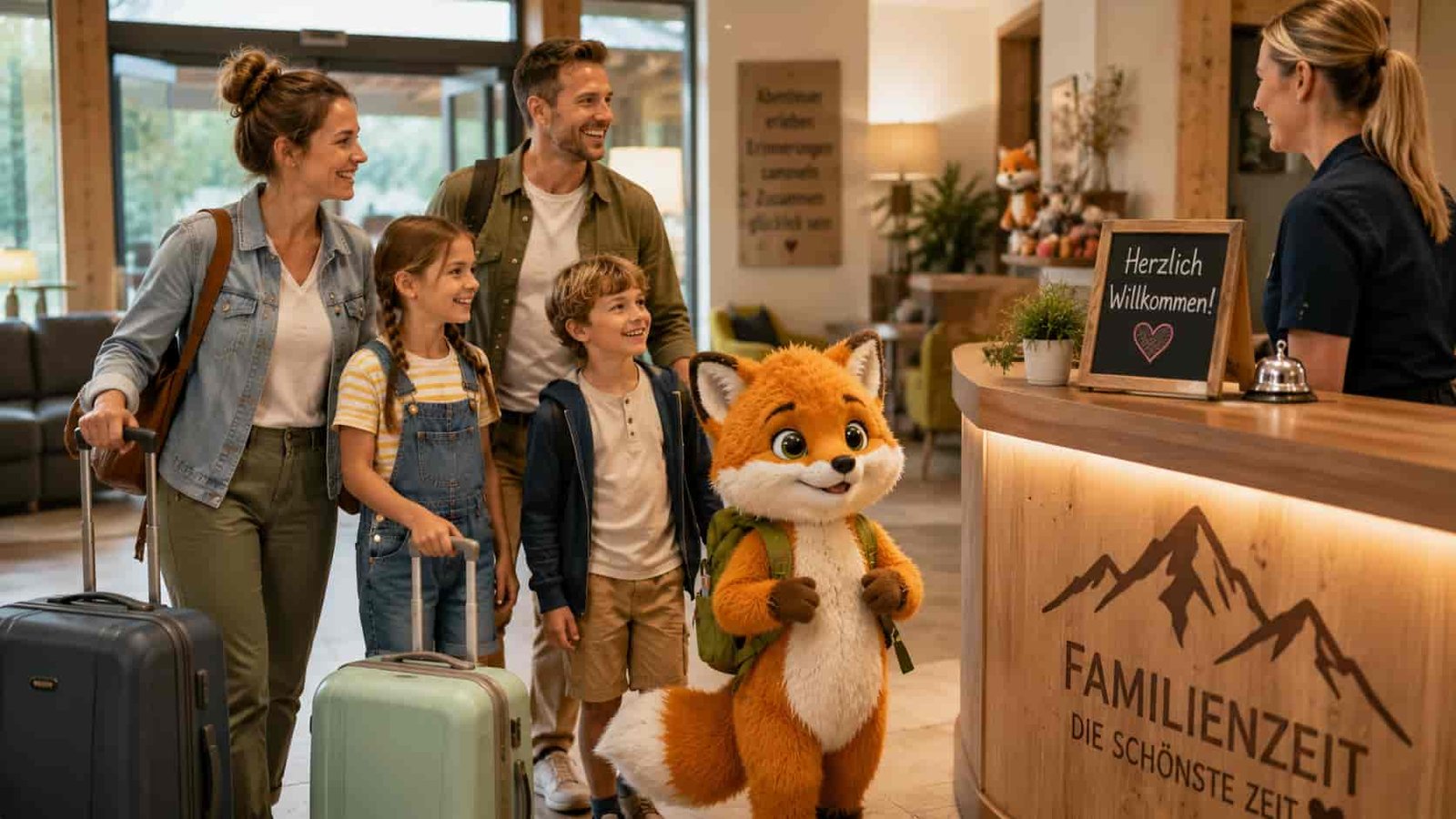 Familie mit Ferifuchs kommt an einem familienfreundlichen Hotel an