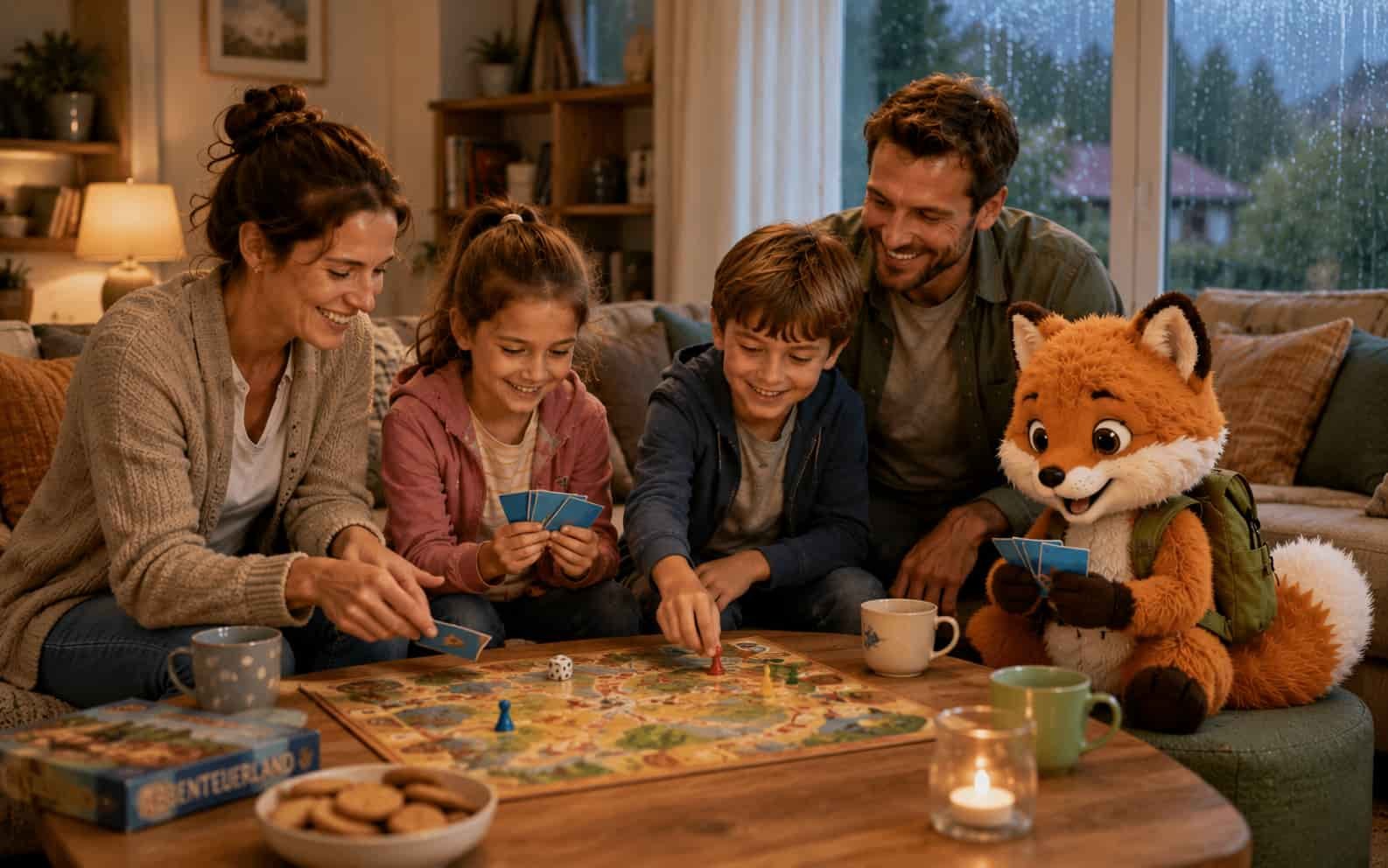 Familie verbringt mit Ferifuchs einen gemütlichen Regentag zuhause