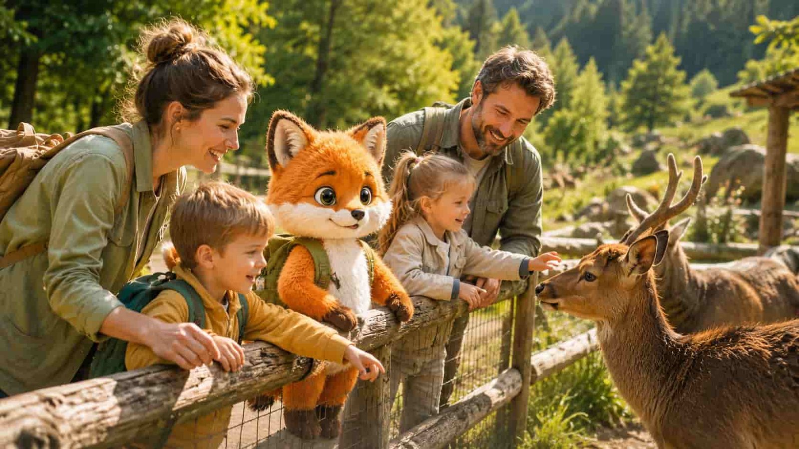 Familie besucht mit Ferifuchs einen Wildpark in den Osterferien