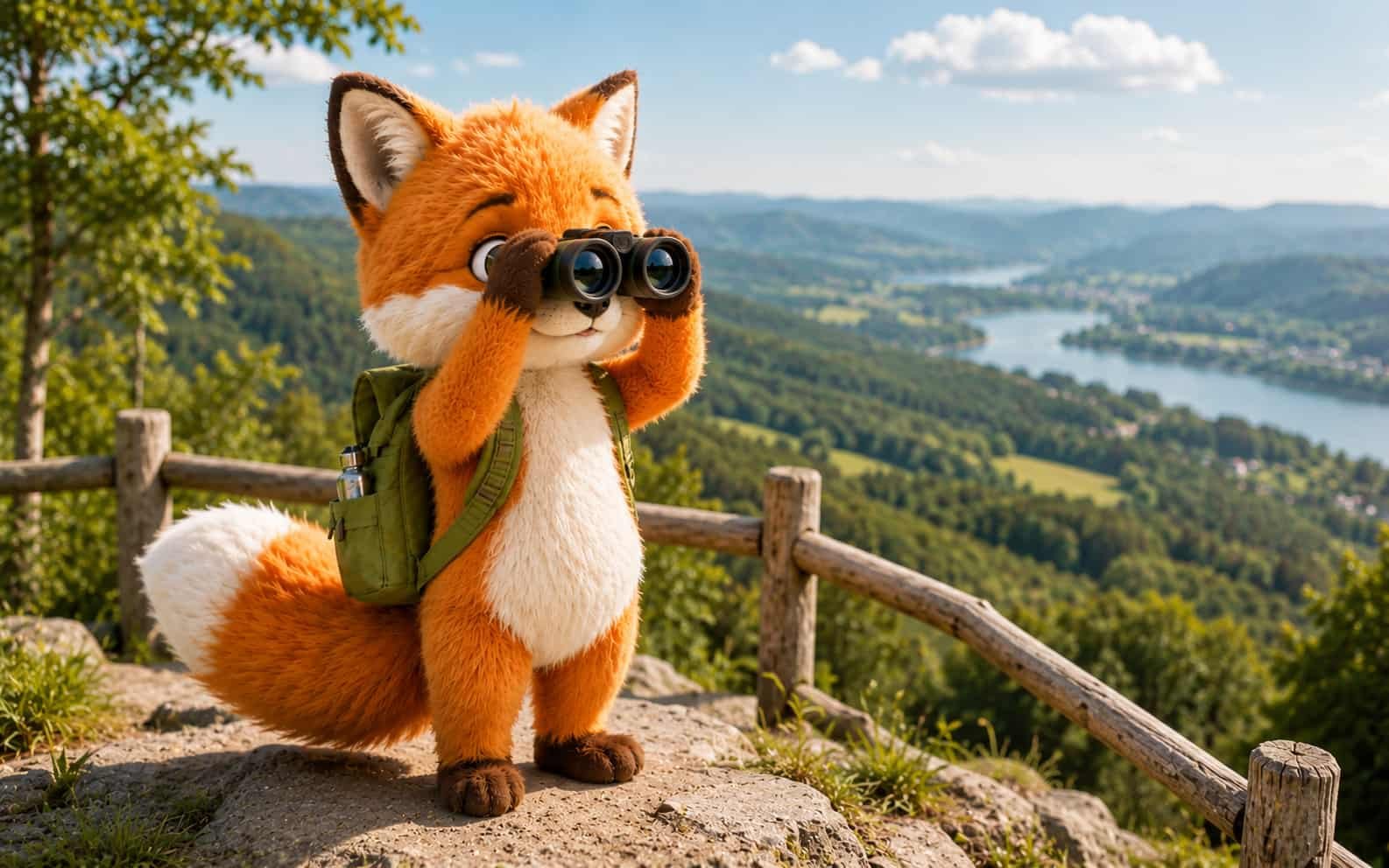 Fini der Ferienfuchs blickt mit Fernglas in die Ferne