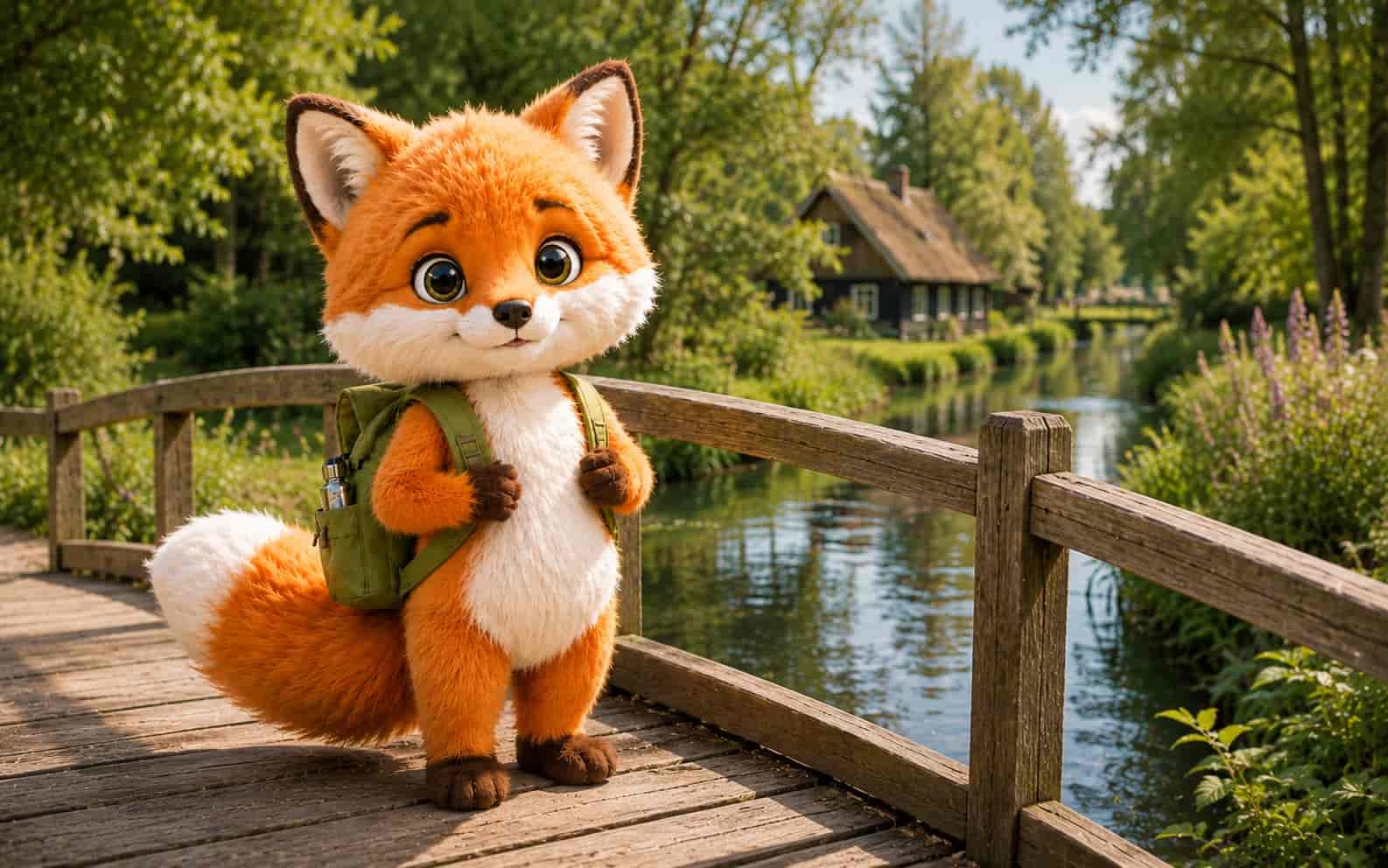 Ferifuchs auf einer kleinen Holzbrücke über ruhigem Wasserlauf
