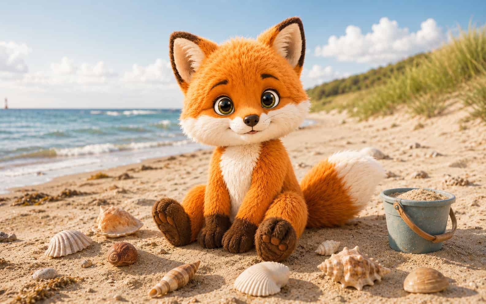 Ferifuchs am Strand mit Muscheln und kleinem Eimer