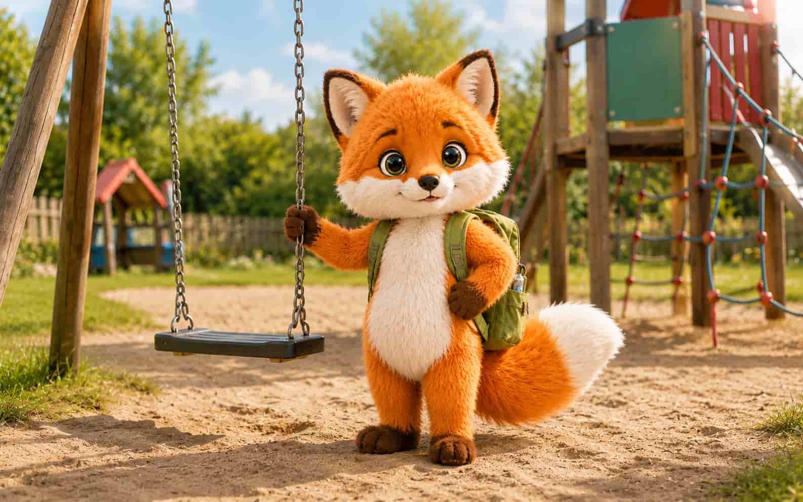 Fini der Ferienfuchs auf einem Spielplatz