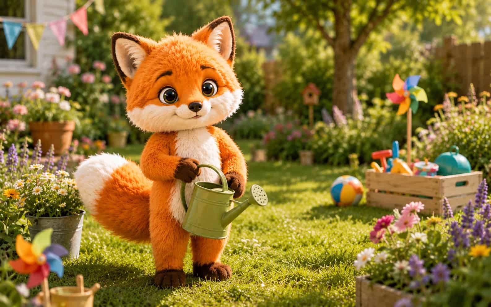 Fini der Ferienfuchs steht freundlich im sommerlichen Zuhause-Garten