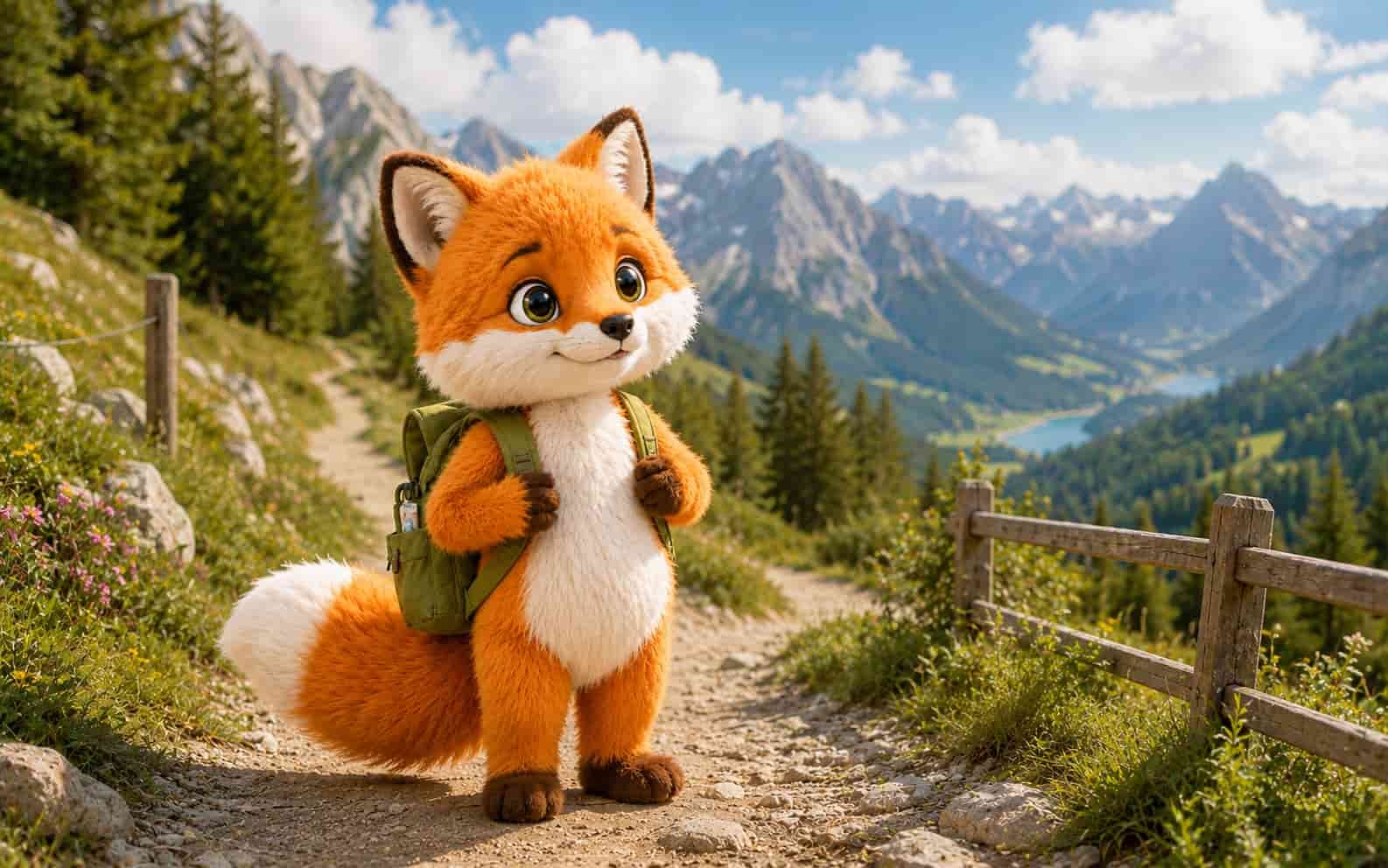 Ferifuchs auf einem Wanderweg im Gebirge