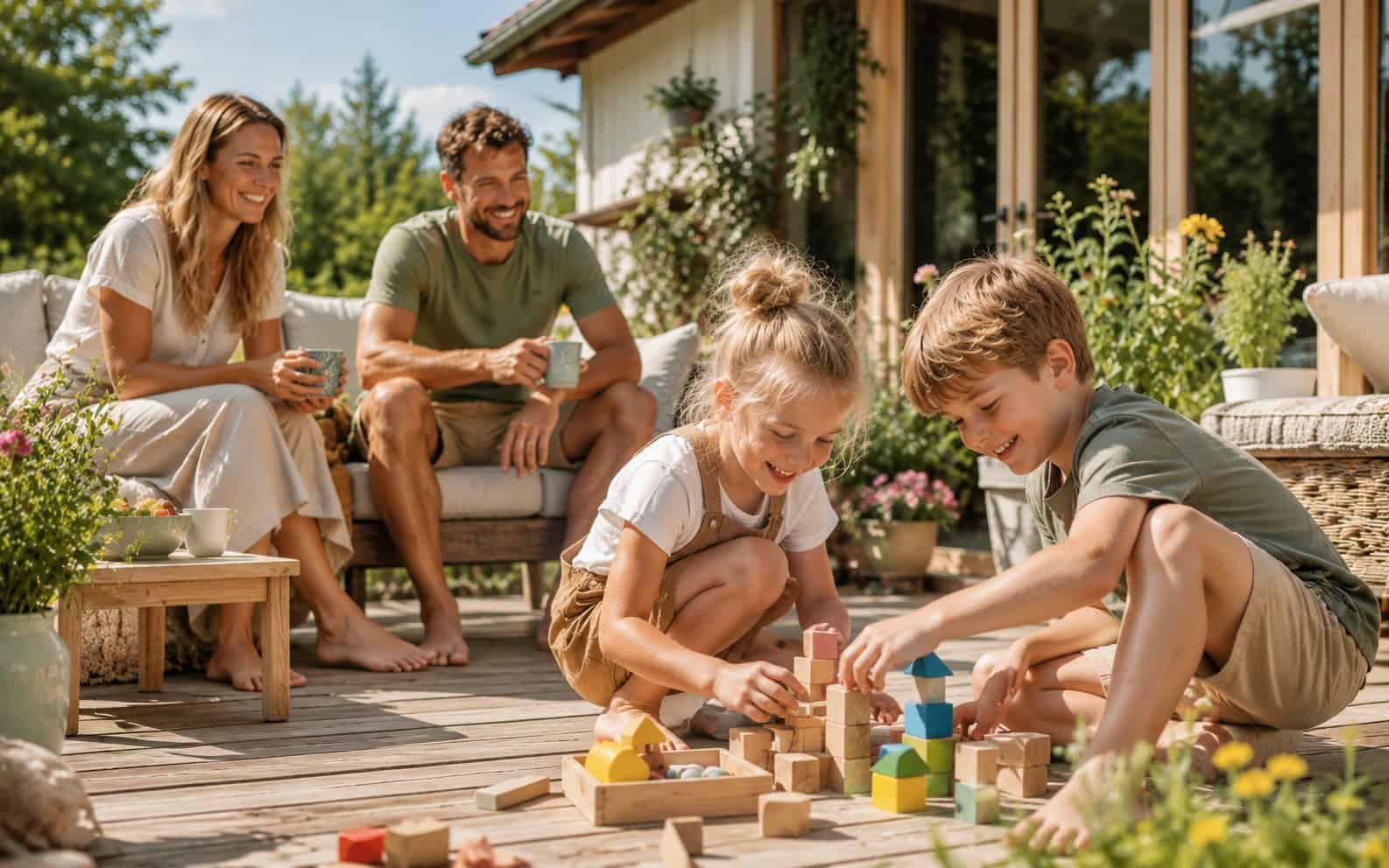 Familie verbringt entspannte Freizeit im Garten