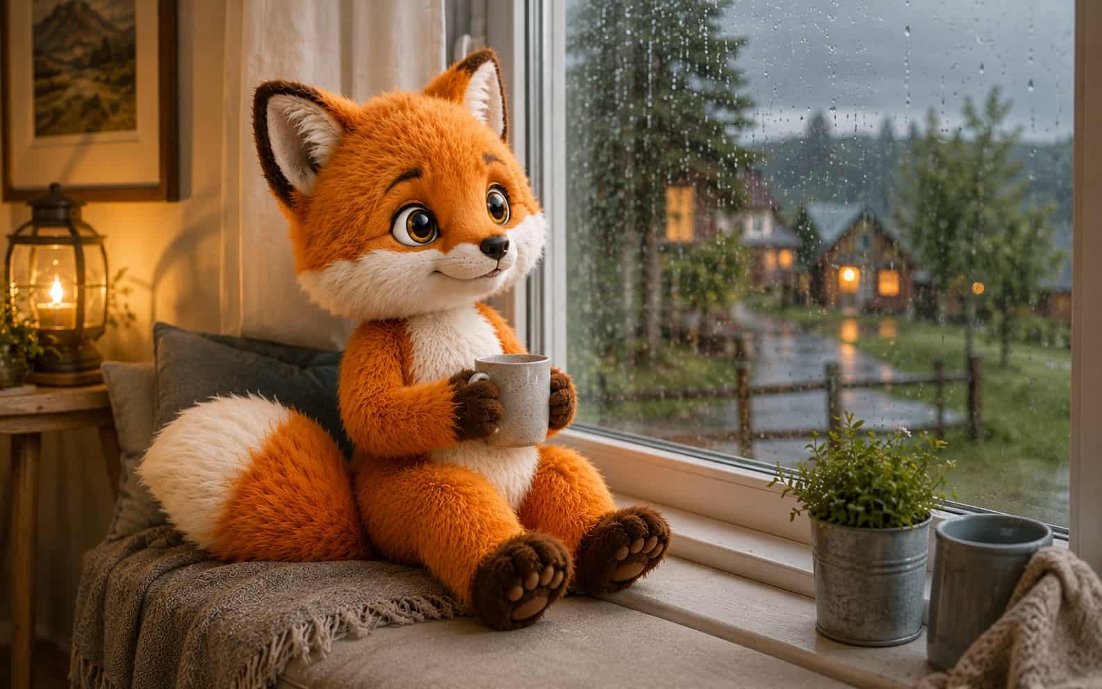 Fini der Ferienfuchs schaut im Winter bei Regen aus dem Fenster
