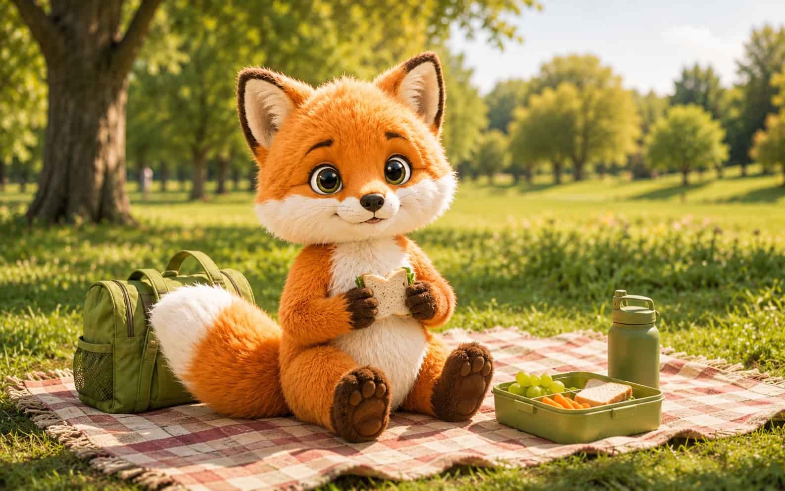 Fini der Ferienfuchs mit Brotdose als Symbol für günstige Ausflugsverpflegung