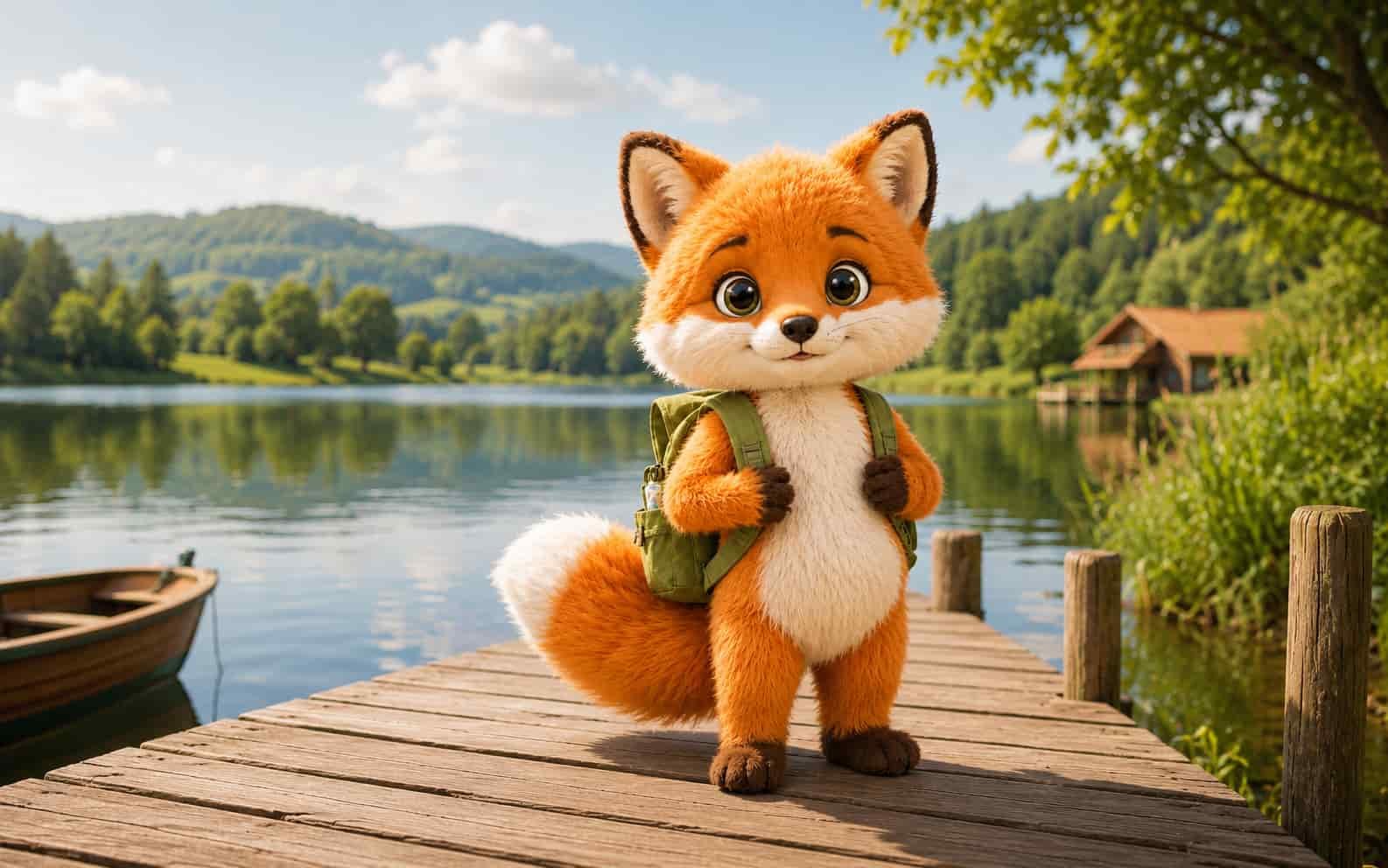 Ferifuchs auf einem Steg am See