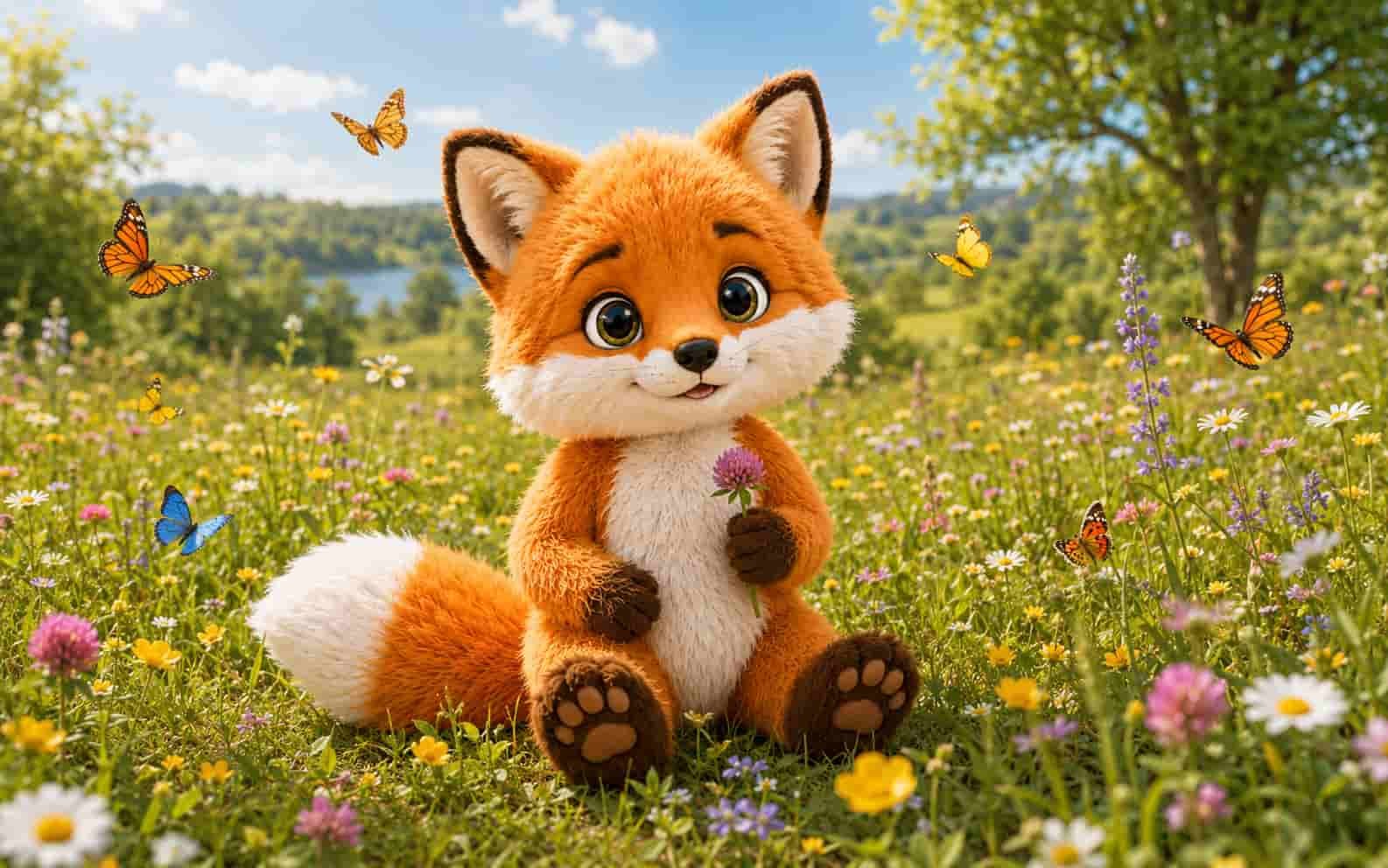 Fini der Ferienfuchs auf einer Wiese mit Schmetterlingen