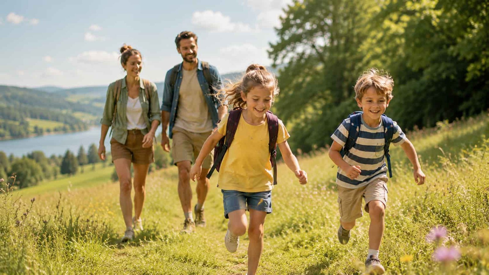 Familie verbringt entspannte Ferien mit Kindern im Grünen
